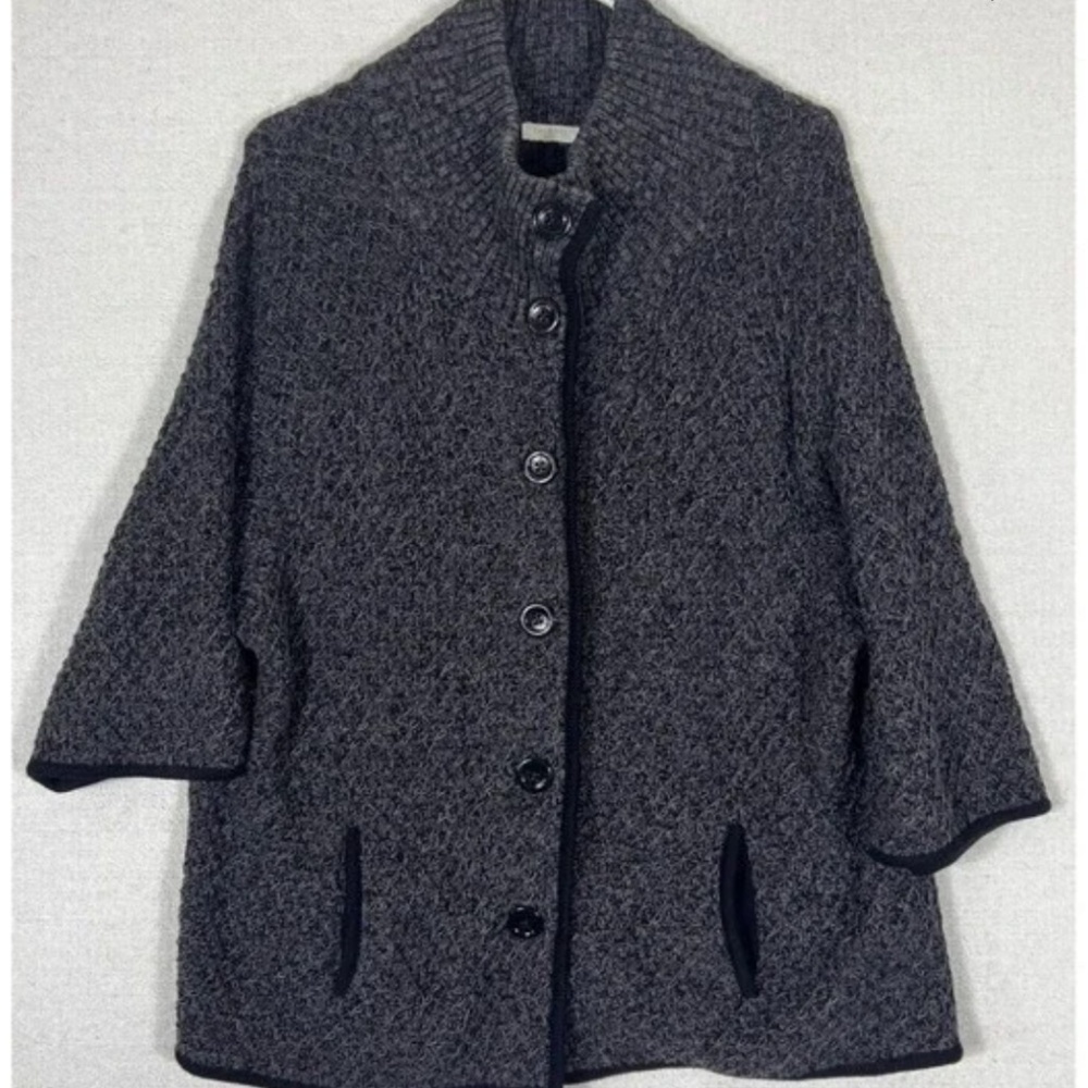 Talbots Button Up Cardigan Sweater Womens Gray Black Trim
